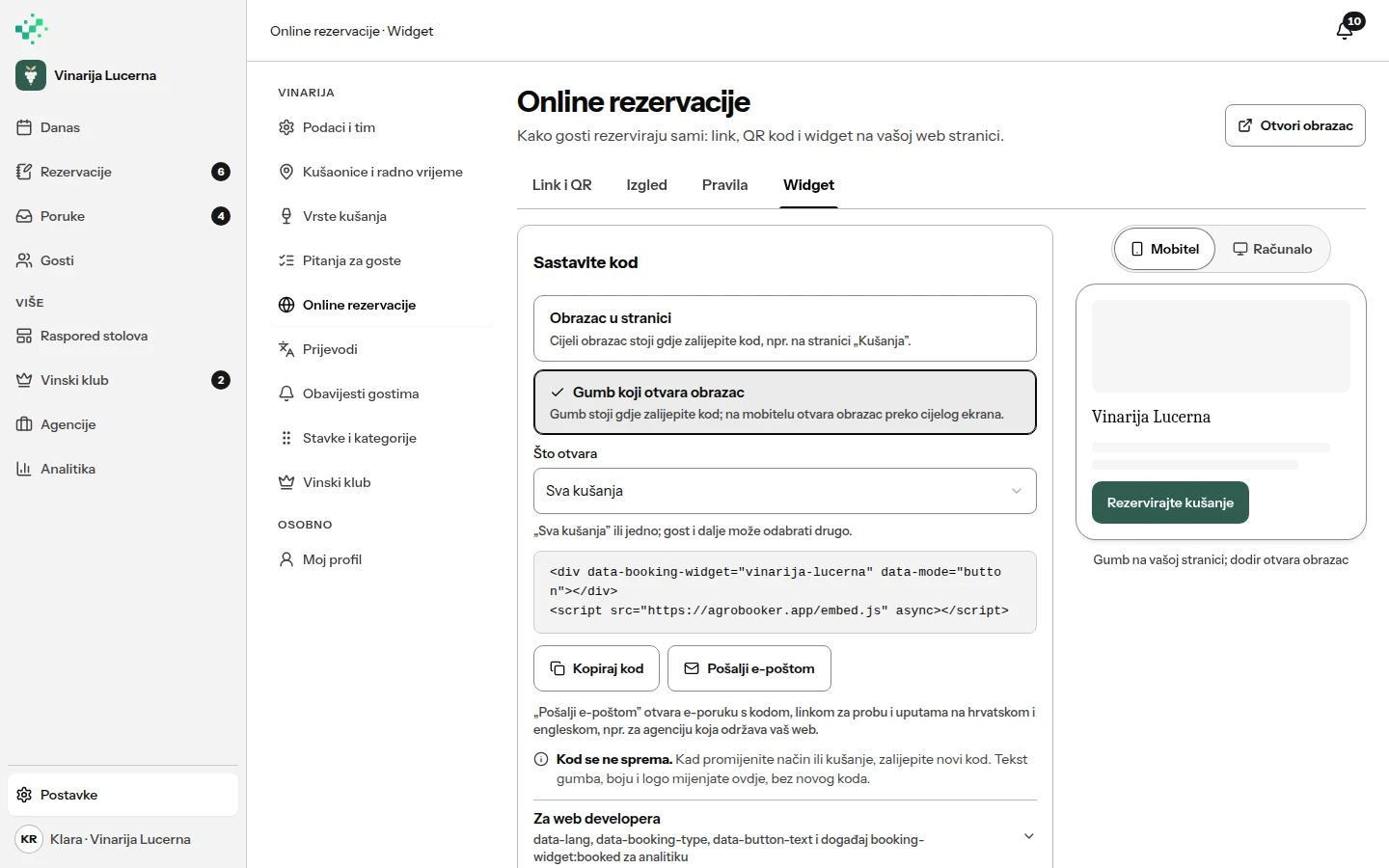 Online rezervacije → Widget: Gumb koji otvara obrazac, Sva kušanja, kod s Kopiraj kod i Pošalji e-poštom, desno pregled gumba