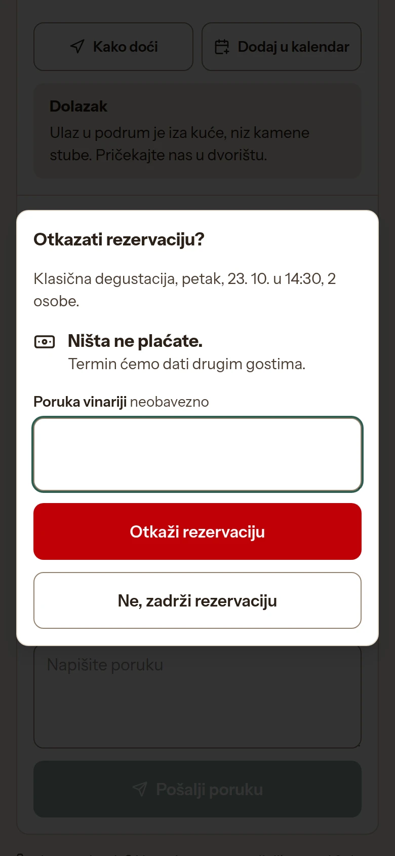 Pitanje Otkazati rezervaciju? na mobitelu: Klasična degustacija, petak, 23. 10. u 14:30, crveni Otkaži rezervaciju i Ne, zadrži rezervaciju