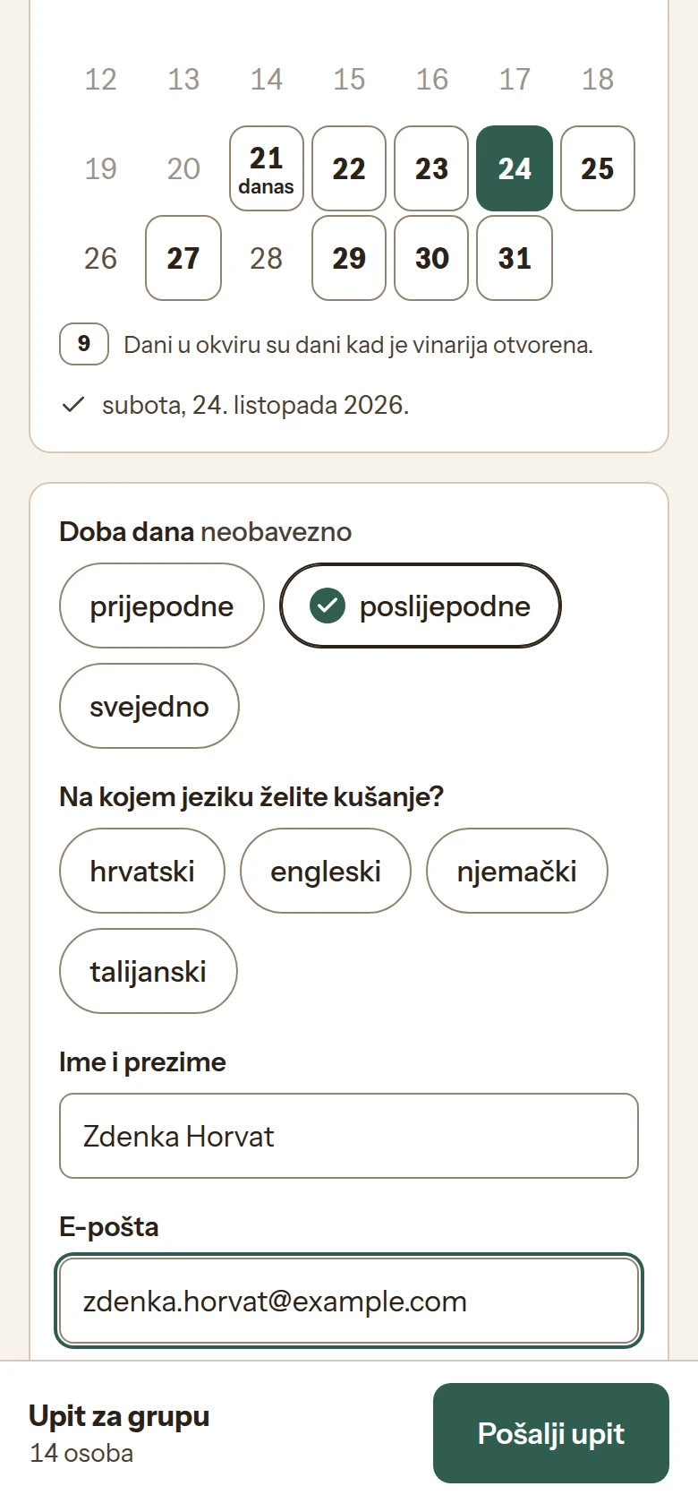 Upit za grupu na mobitelu: odabrana subota 24. 10., poslijepodne, upisani ime i e-pošta, dolje Upit za grupu · 14 osoba i gumb Pošalji upit