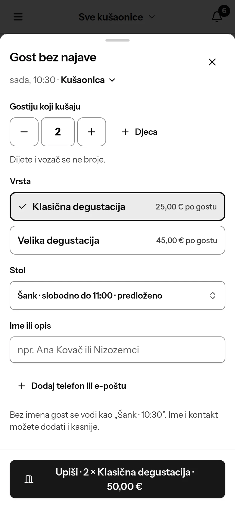 List Gost bez najave na mobitelu: 2 gosta, Klasična degustacija, predloženi stol Šank i gumb Upiši s iznosom