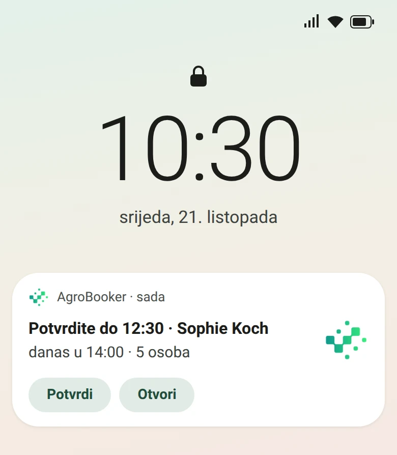 Obavijest na zaključanom mobitelu: Potvrdite do 12:30 · Sophie Koch, danas u 14:00 · 5 osoba, s gumbima Potvrdi i Otvori